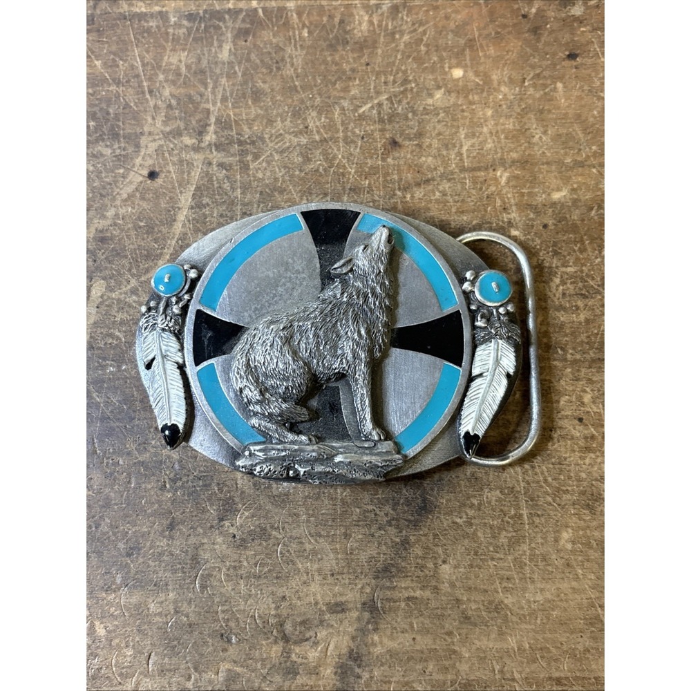 Vintage 1993 Siskiyou S-7 Howling Wolf Belt Buckle Turquoise Western USA